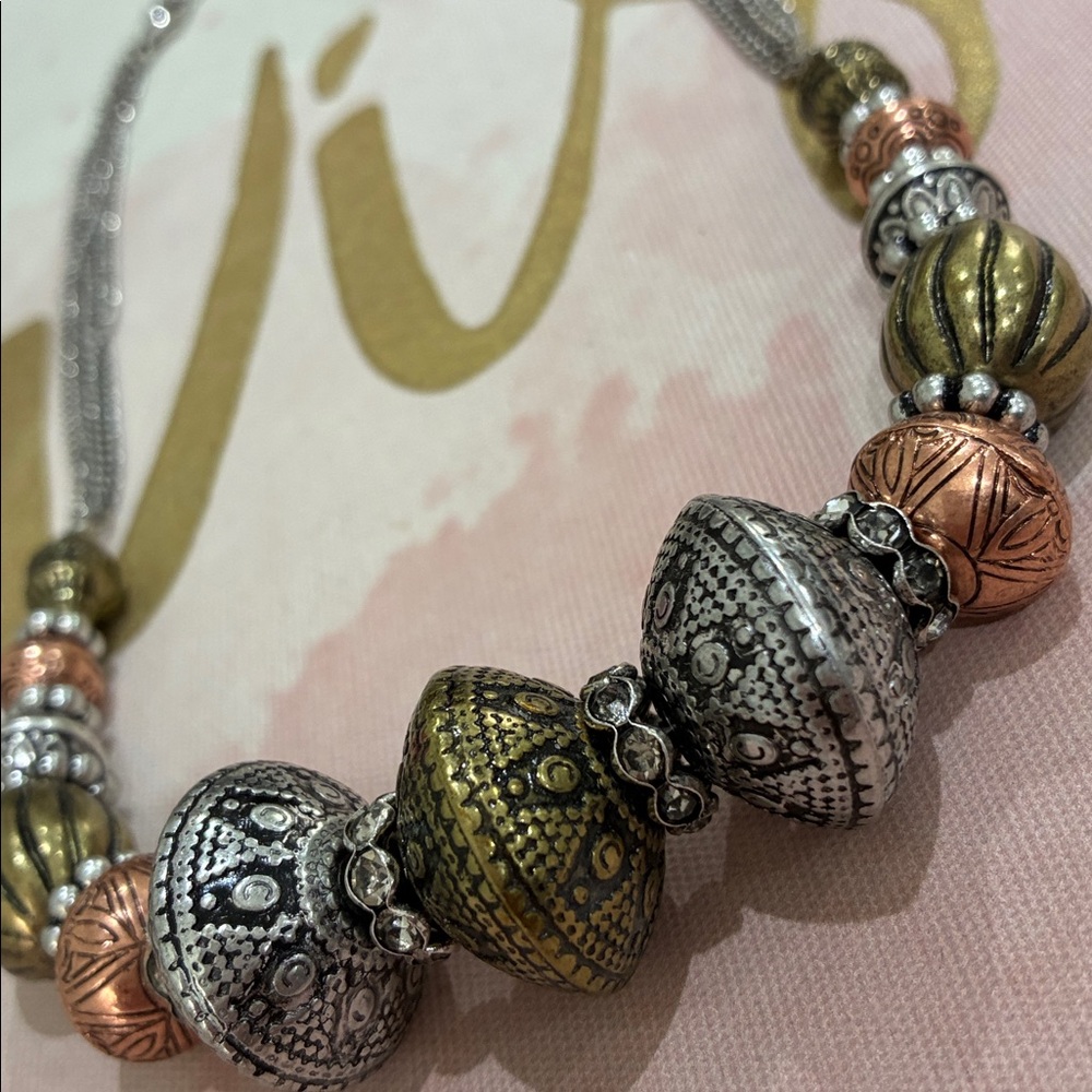 Multi-Tone Beaded Statement Necklace - Silver, Go… - image 3